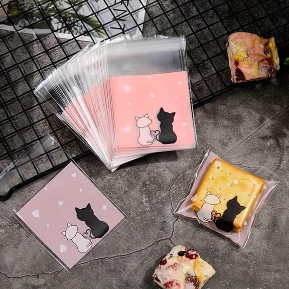 100 Cat Themed Treat Bags for Party Favors, Cookie Packaging