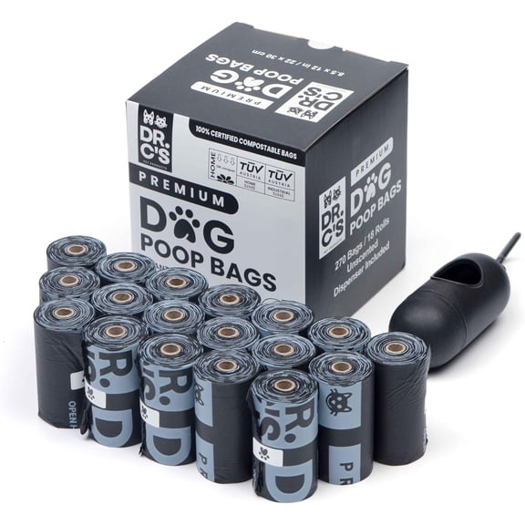 100% Certified Compostable Dog Poop Bags - Dr. C's Premium Dog Poop Bags - 270 Bags / 18 Rolls, Extra thick, Leak Proof, Unscented, Plant Based and Earth Friendly, Dispenser Included, USA Owned