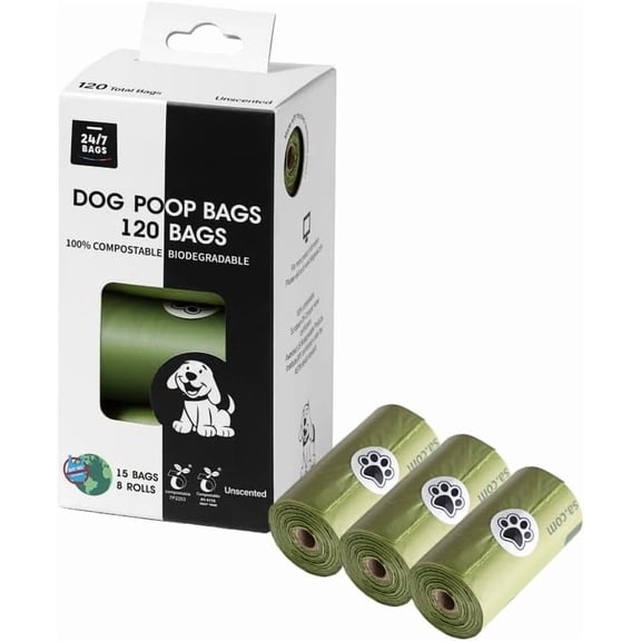 24/7 Bags 9 IN x 13 IN 100% Certified Compostable Dog Waste Bags with 8 Rolls, Unscented, 120 Count (8 Pack)