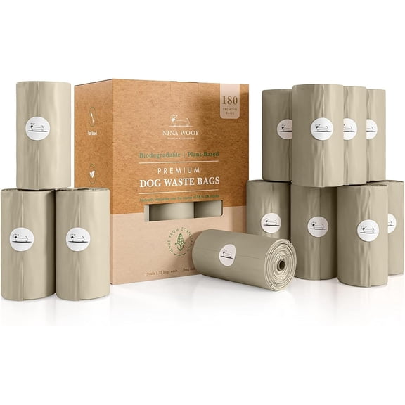 100% Certified Home Compostable and Biodegradable Dog Poop Bags - ASTM D6400 & EN 13432 Compliant Dog Waste Bags 180 Bags 12 x Rolls of Plant Based Compostable Waste Bags - Thick Doggie Poop Bags