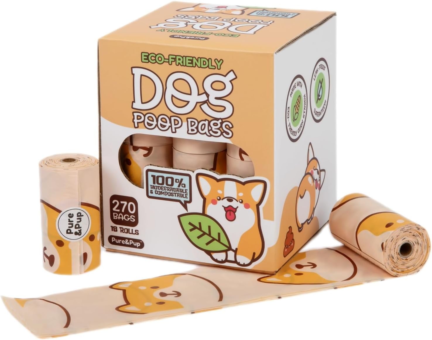 100% Certified Home Compostable Dog Poop Bags - Plant Based Corn Starch - Cute Poop Bags - 18 Dog Poop Bags Rolls - Extra Strong & Leak Proof - ASTM D6400 & EN 13432 Compliant - 270 Count