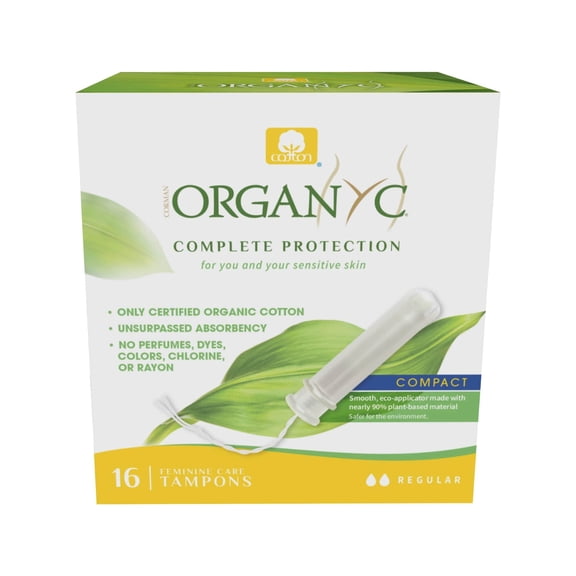100% Certified Organic SE33 Cotton Tampons, Plant-Based Eco-Applicator, Regular Flow, 16 Count