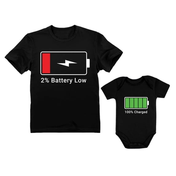 100% Charged and Low Battery Baby Bodysuit & Men's T-Shirt Funny Matching Set Father Black Large / Baby Black 12M (6-12M)