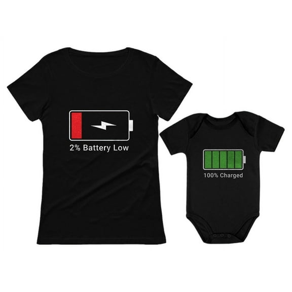 100% Charged and Low Battery Baby Bodysuit & Women's T-Shirt Funny Matching Set Mom Black Large / Baby Black Newborn (0-3M)