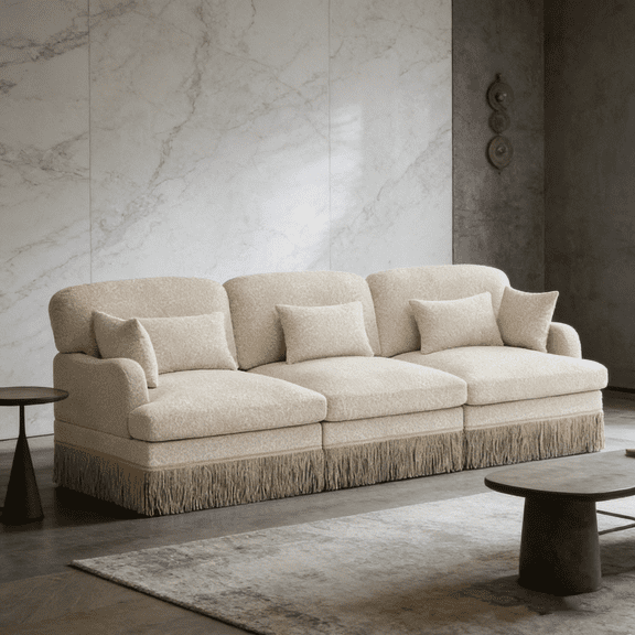 100" Chenille Leopard Print 3-Seater Sofa with Tassel Edge - Modern Modular Sectional Couch, Ergonomic Deep Seat Design, Easy Assembly for Living Room, Beige Coffee