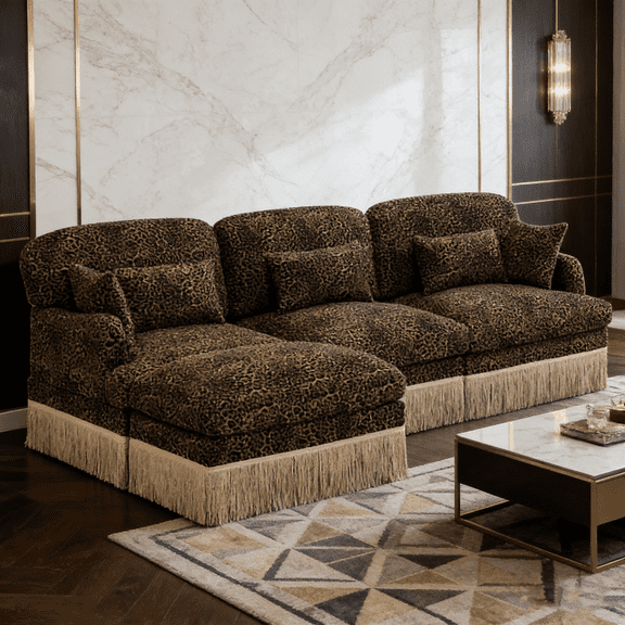 100" Chenille Leopard Print L-Shaped Sofa with Tassel Edge & Movable Ottoman - Modern Modular Sectional Couch, Ergonomic Deep Seat Design, Easy Assembly for Living Room, Brown Black