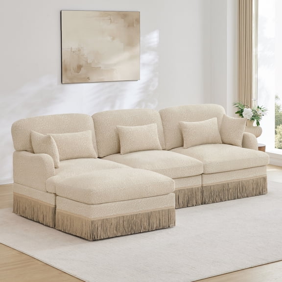 100" Chenille Leopard Print L-Shaped Sofa with Tassel Edge & Movable Ottoman - Modern Modular Sectional Couch, Ergonomic Deep Seat Design, Easy Assembly for Living Room, Beige Coffee