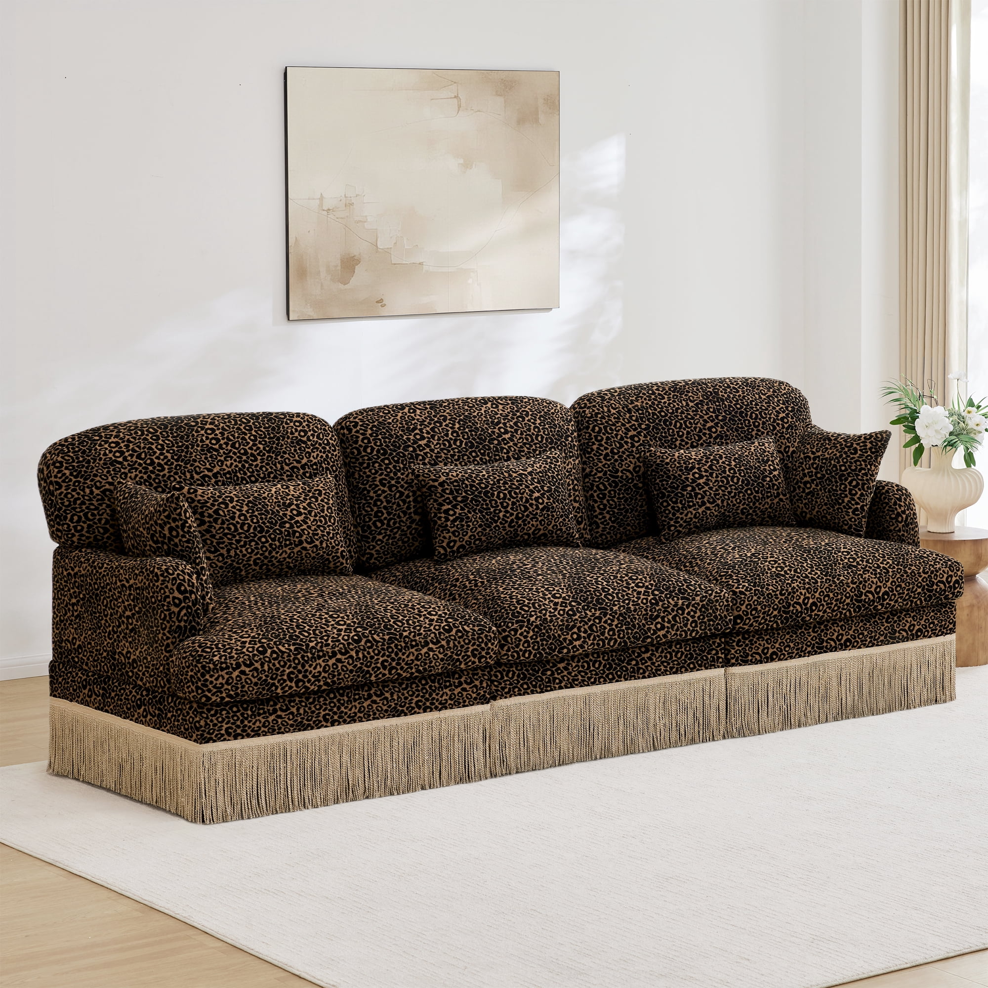 100" Chenille Leopard Tassel Deep Seat 3 Seater Sofa Couch with 5 Throw Pillows