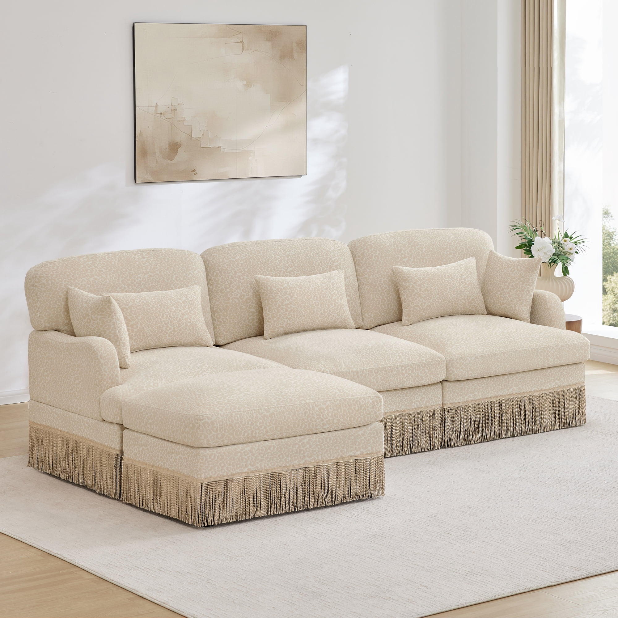 100" Chenille Leopard Tassel Deep Seat L Shape 3 Seater Modular Sofa Couch with 5 Throw Pillows and Ottoman