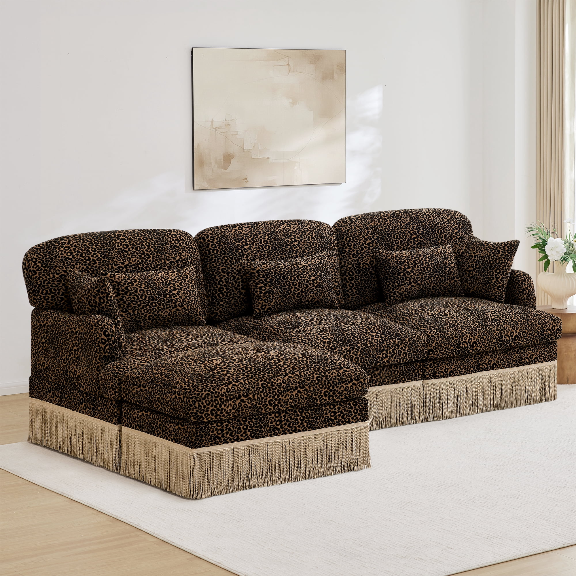 100" Chenille Leopard Tassel Deep Seat L Shape 3 Seater Modular Sofa Couch with 5 Throw Pillows and Ottoman