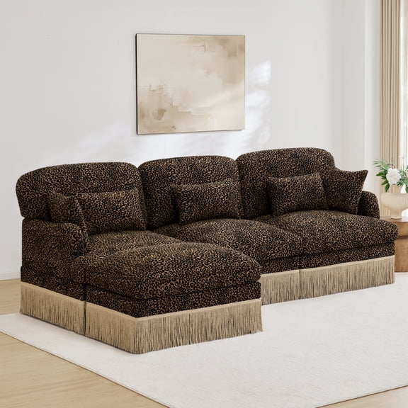 100" Chenille Leopard Tassel Deep Seat L Shape 3 Seater Modular Sofa Couch with 5 Throw Pillows and Ottoman