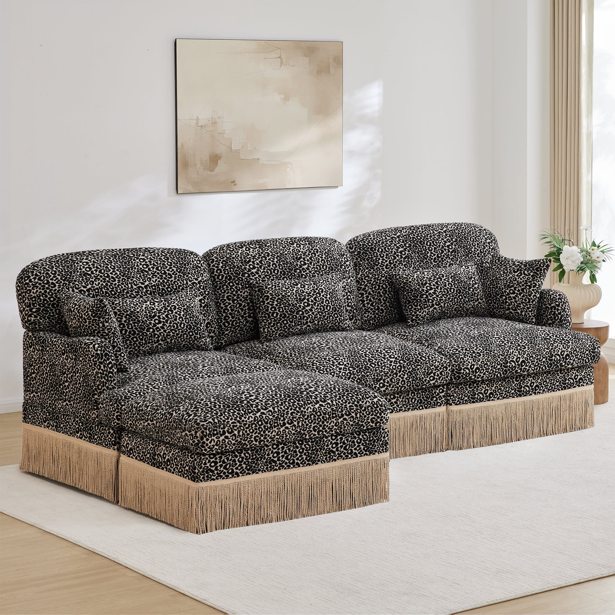 100" Chenille Leopard Tassel Deep Seat L Shape 3 Seater Modular Sofa Couch with 5 Throw Pillows and Ottoman