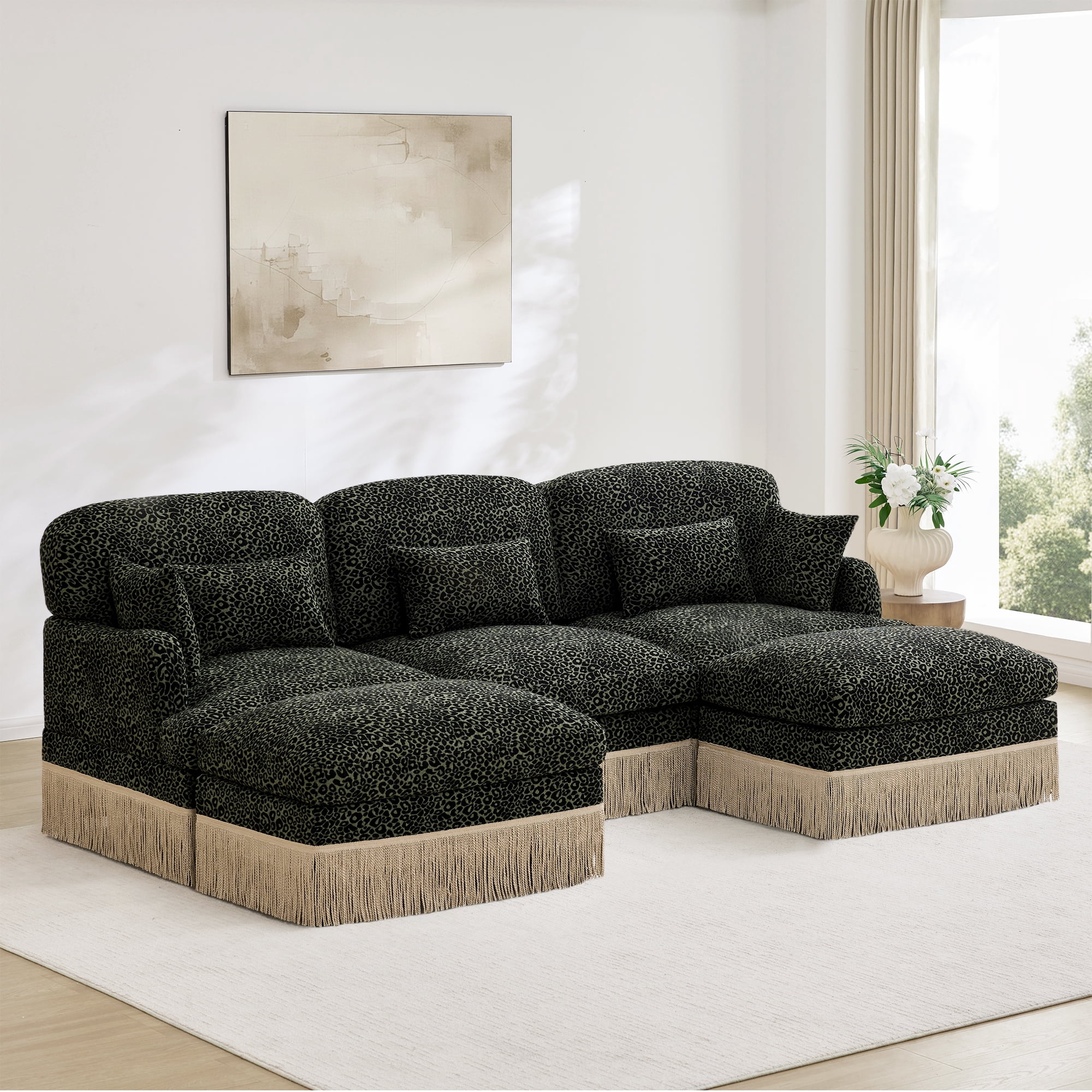 100" Chenille Leopard Tassel Deep Seat U Shape 3 Seater Modular Sofa Couch with 5 Throw Pillows and 2 Ottoman