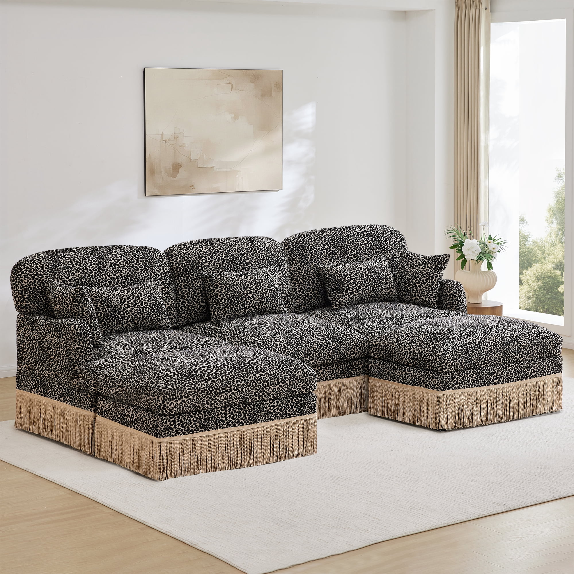 100" Chenille Leopard Tassel Deep Seat U Shape 3 Seater Modular Sofa Couch with 5 Throw Pillows and 2 Ottoman