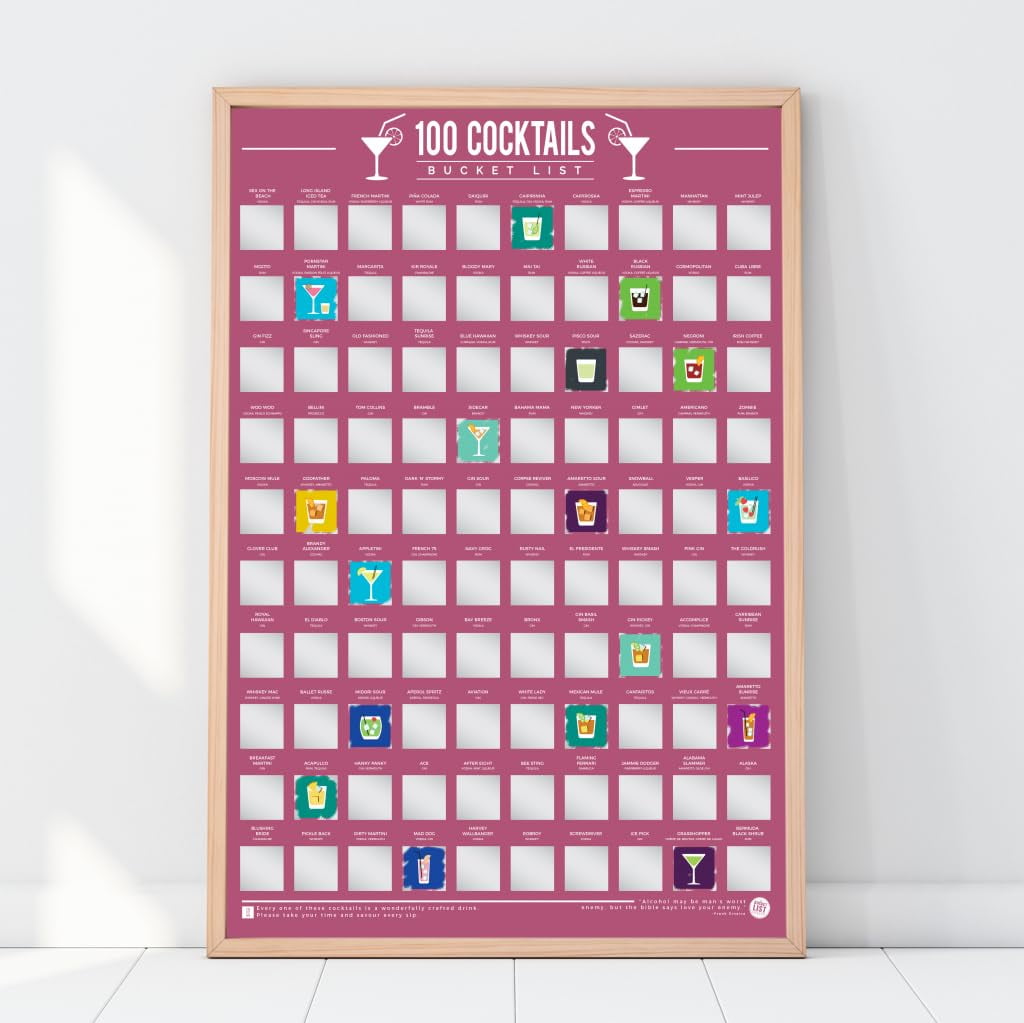 Pink and White Scratch-Off 100 Cocktails Bucket List Poster