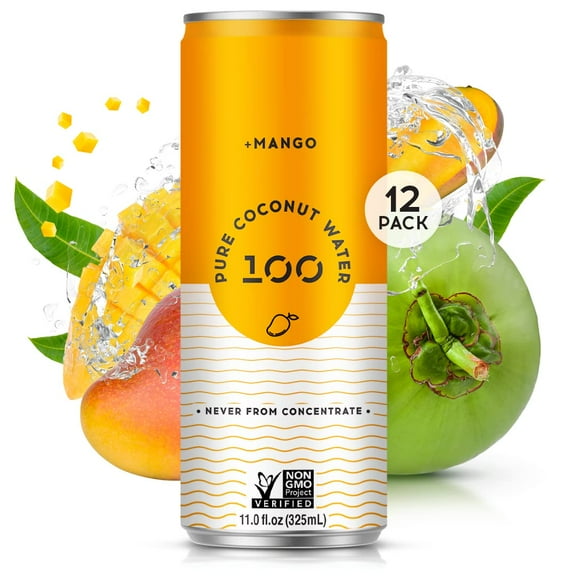 100 Coconuts Pure Coconut Water + Mango, Hydration, 11 fl oz Cans, 12 Pack, Liquids
