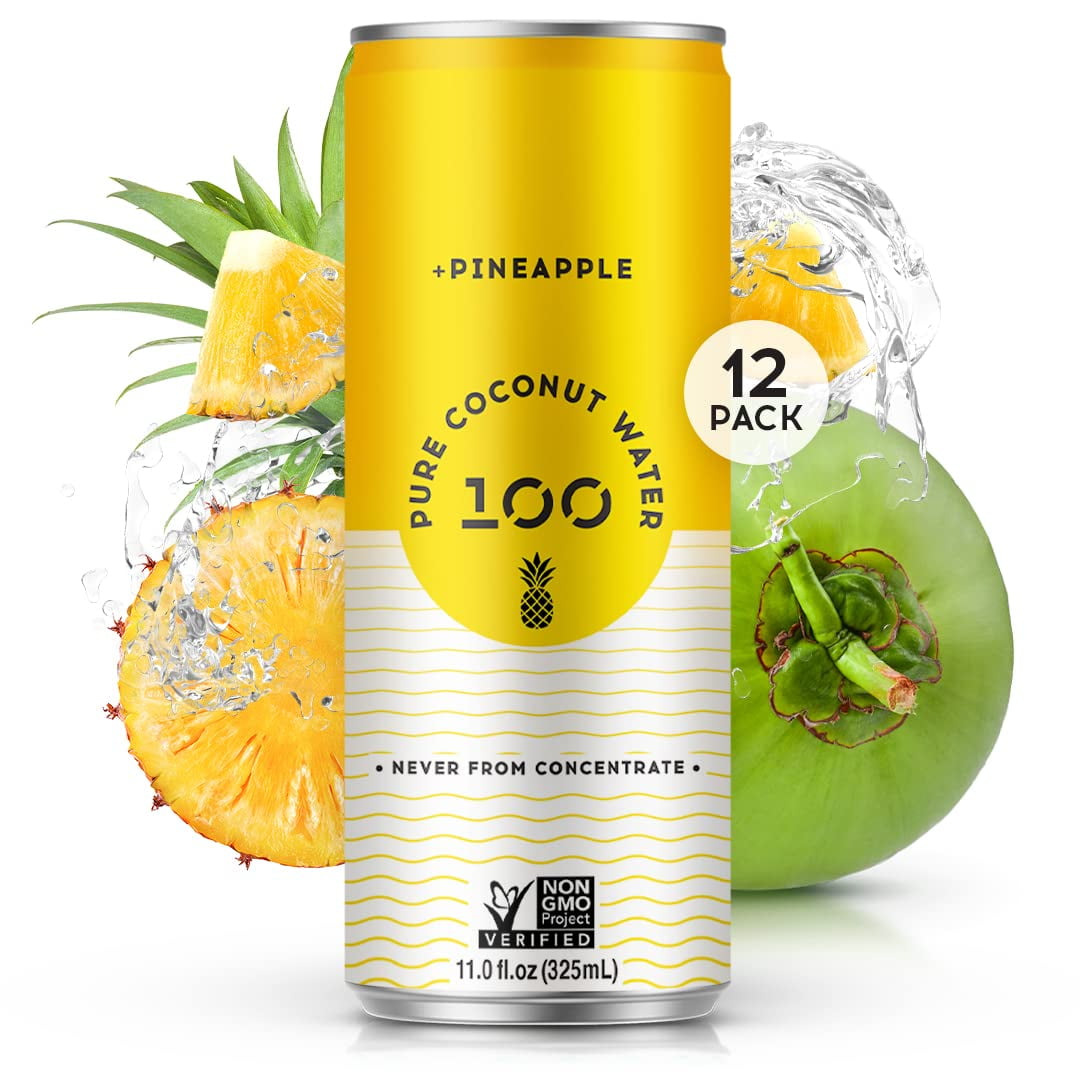 100 Coconuts Pure Coconut Water + Pineapple, Hydration, 11 fl oz Cans, 12 Pack, Liquids