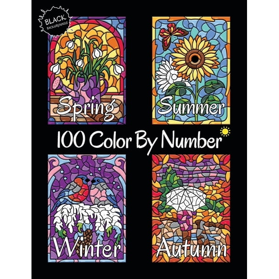 Pre-Owned 100 Color By Number Spring Summer Autumn Winter (Black Backgrounds): Four Seasons Color By Number Coloring Book for Adults Relaxation (Paperback)