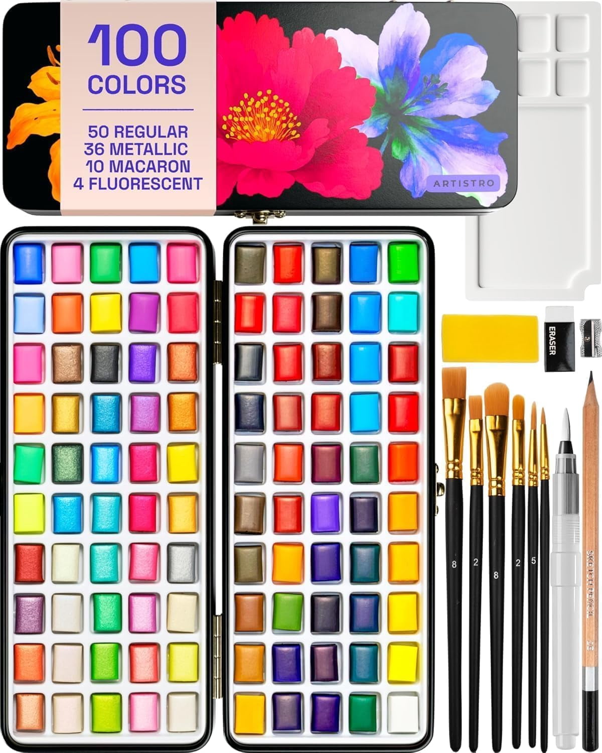 100 Color Watercolor Paint Set - Portable Paint Art Kit with and Brush Pens - Travel Water Color Set for Adults, Professionals, Kids - Art and Painting Supplies - Gift Idea