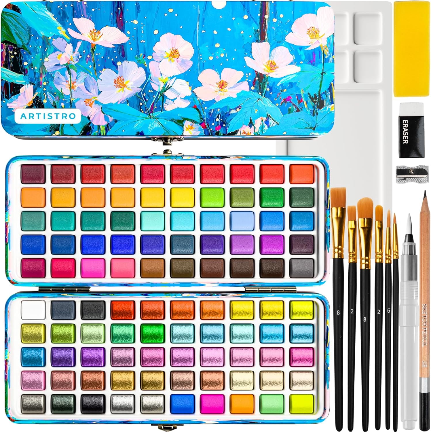 100 Color Watercolor Paint Set - Portable Paint Art Kit with Palette and Brush Pens - Travel Water Color Set for Adults, Professionals, Kids - Art and Painting Supplies - Gift Idea