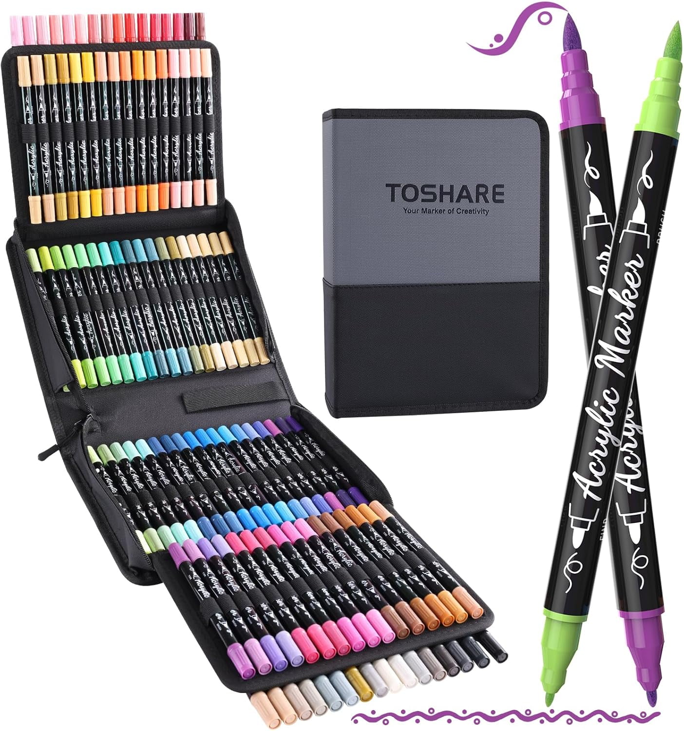 100 Colors Acrylic Paint Markers, Waterproof Dual Tip Acrylic Paint Pens with Brush and Fine Tip, Markers Set for Paper, Rock, Wood, Canvas, Glass, Ceramic and DIY Crafts Making Art Supplies