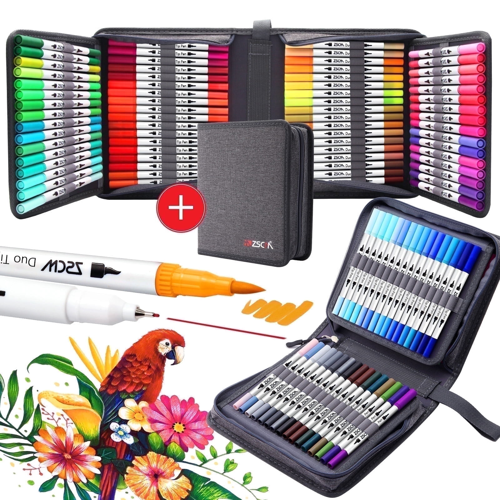 ZSCM 100 Colors Markers for Adult Coloring Books No Bleeding, Fine & Brush Coloring Markers for Adult Calligraphy, Illustration, Drawing,Journaling