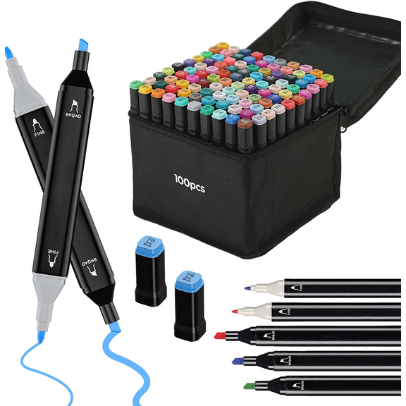 100 Colors Markers Dual Tip Permanent Art Markers,Chisel Tip & Fine Tip Markers Coloring Drawing Marker Set for Artists, Holiday Gift for Adults & Teens