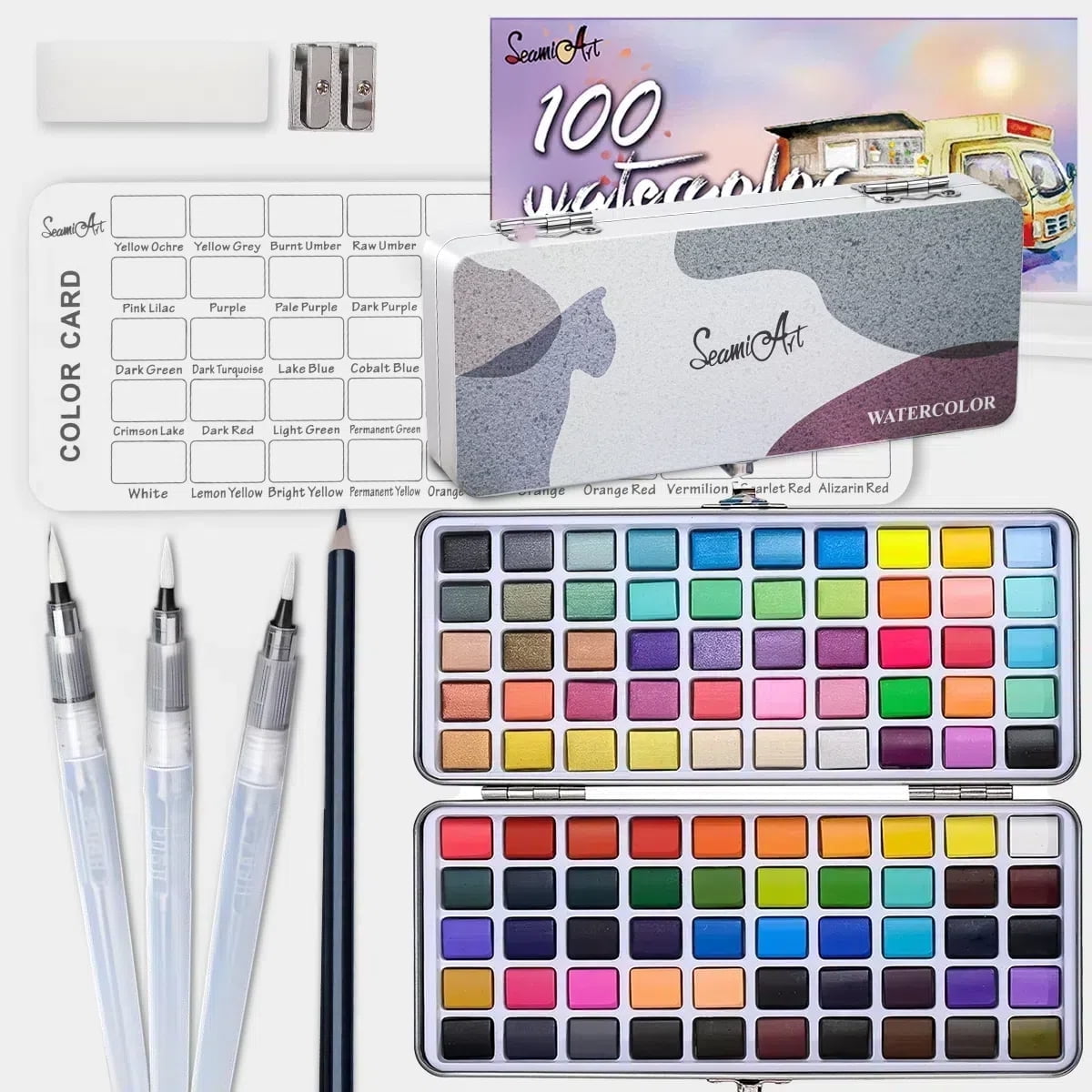 100 Colors Watercolor Paint Set - 50 Regular, 35 Metallic, 10 Macaron and 5 Fluorescent Colors - Portable with Carrying Case, Water Brush Pens,and Accessories-For Beginners and Professionals
