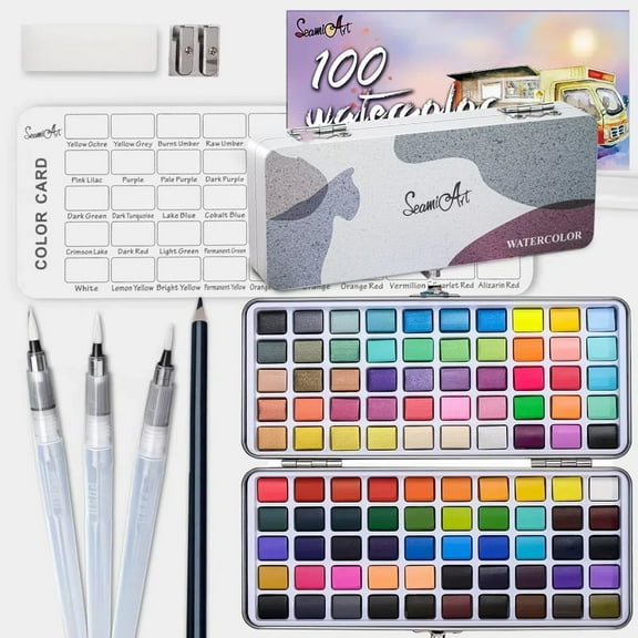 100 Colors Watercolor Paint Set - 50 Regular, 35 Metallic, 10 Macaron and 5 Fluorescent Colors - Portable with Carrying Case, Water Brush Pens,and Accessories-For Beginners and Professionals
