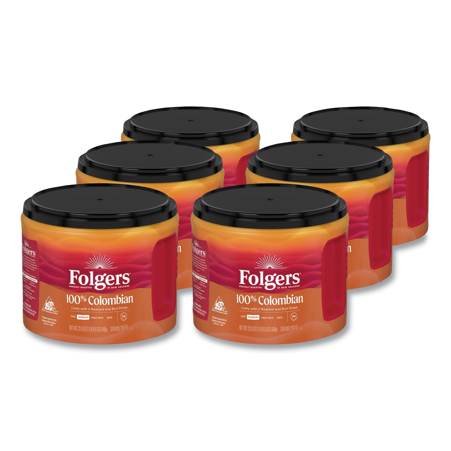 100% Columbian Coffee, 22.6 oz Canister, 6/Carton 100% Columbian Coffee, 22.6 oz Canister, 6/Carton