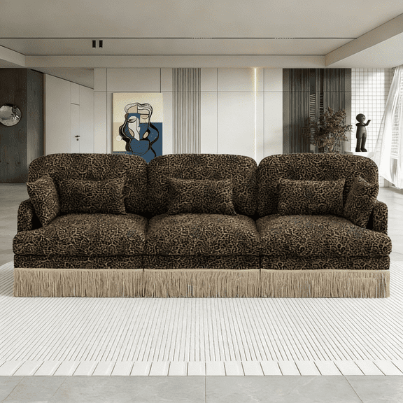 100" Comfy Chenille Leopard Print 3-Seater Sofa with Delicate Tassel Edge - Modern Fashion Modular Sectional Couch, Ergonomic Back and Seat Design, Easy Assembly, Deep Seat for Living Room, Brown Bla