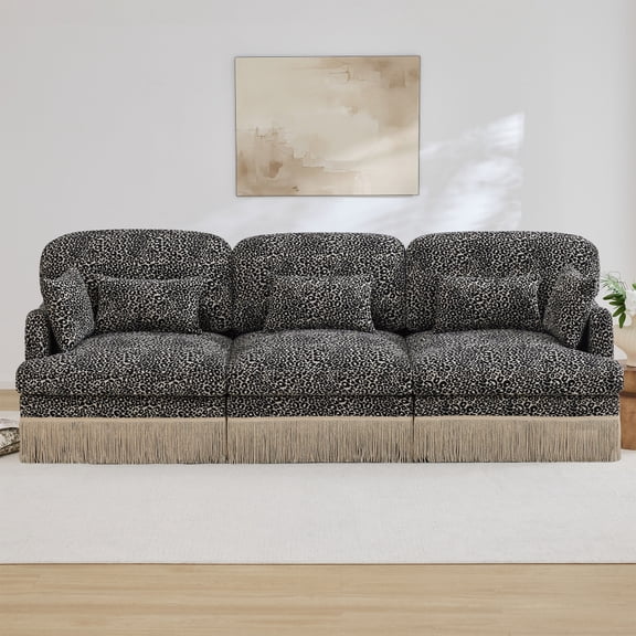 100" Comfy Chenille Leopard Print 3-Seater Sofa with Delicate Tassel Edge - Modern Fashion Modular Sectional Couch, Ergonomic Back and Seat Design, Easy Assembly, Deep Seat for Living Room