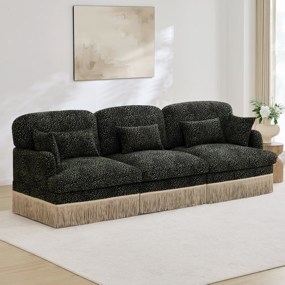 100" Comfy Chenille Leopard Printing 3-Seater Sofa,Delicate Tassel Edge,Modern Fashion Modular Sectional Couch,Ergonomic Back and Seat Design,Easy Assembly,Deep Seat Design for Living Room,Green bla