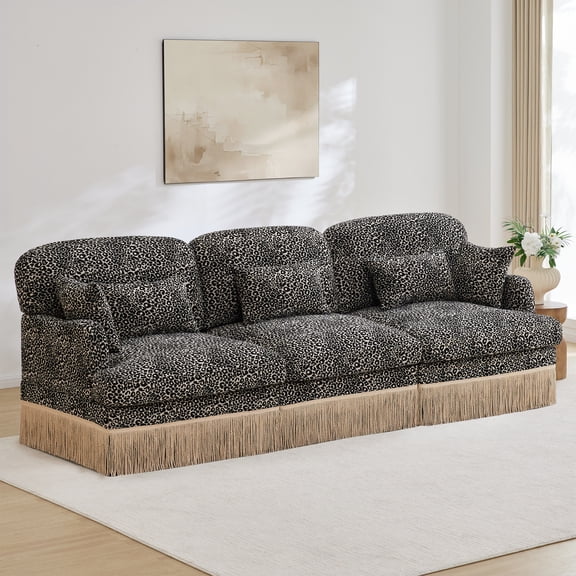 100" Comfy Chenille Leopard Printing 3-Seater Sofa,Delicate Tassel Edge,Modular Sectional Couch,Ergonomic Back and Seat Design,Easy Assembly,Deep Seat Design for Living Room,Khaki black