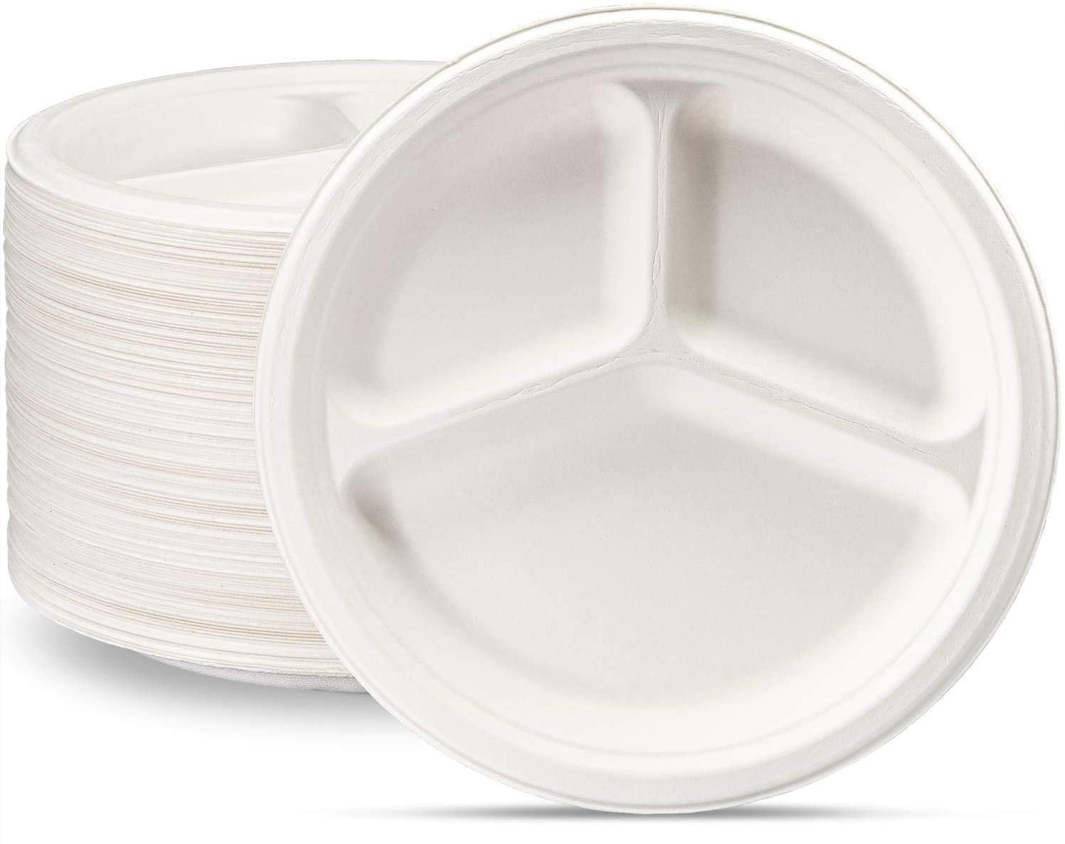 100% Compostable 10 Inch Heavy-Duty Plates [125 Pack] 3 Compartment  Eco-Friendly Disposable Sugarcane Paper Plates 
