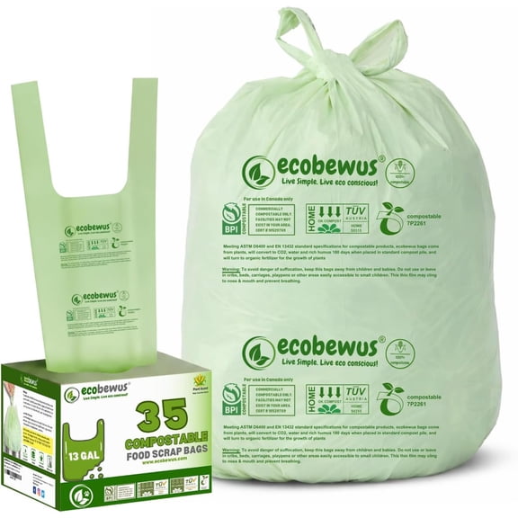100% Compostable 13 Gallon Bags (35 Bags) Tall Kitchen Food Scrap Disposable Compost Trash Bgas Certified Composte Bags US BPI & OK Compost Home Certified by Meeting ASTM D6400 (35 ct.)