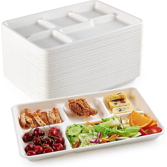 100% Compostable 5 Compartment Plates, 100 Pack Disposable Compartment Paper Plates, 12.5 * 8.6 inch Biodegradable Sugarcane Plates, Eco-Friendly School Lunch Trays