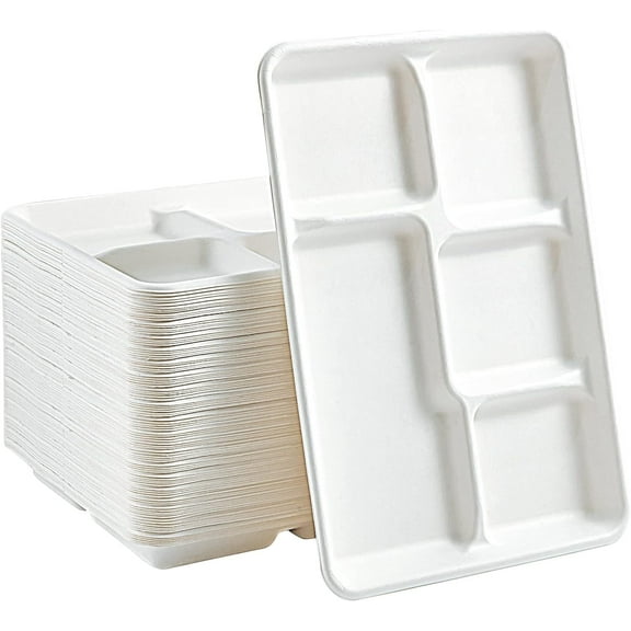 Jetcloudlive Compostable 5 Compartment Plates,50Pack Disposable Paper Plates,Heavy-Duty Biodegradable Sugarcane Plates,Eco-Friendly School Lunch Trays