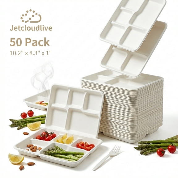 Jetcloudlive Compostable 5 Compartment Plates,50Pack Disposable Paper Plates,Heavy-Duty Biodegradable Sugarcane Plates,Eco-Friendly School Lunch Trays
