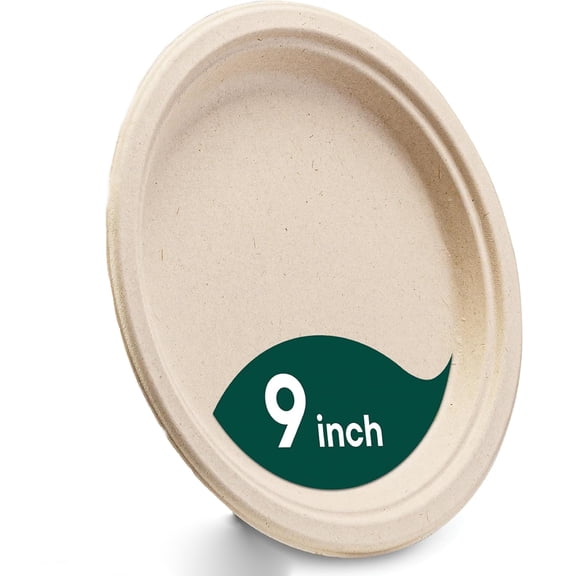 100% Compostable 9" Dinner Plates, heavy duty. Made of biodegradable sugarcane bagasse, natural unbleached brown fiber. Ideal for everyday meals, parties & outdoor events. Brown.