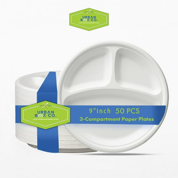 Urban Box Co 9-inch 3-Compartment Heavy Duty Paper Plates, Eco-Friendly, Disposable, 50 Count, 1 Pack