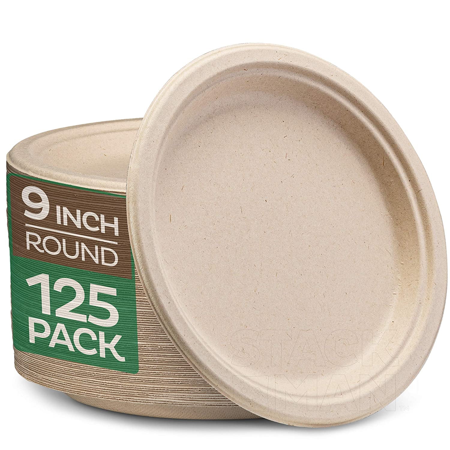 Stack Man 100% Compostable Paper Plates made from biodegradable sugarcane fibers - plastic free kitchen solution