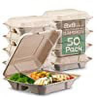 100% Compostable Clamshell Take Out Food Containers [8X8" 3-Compartment 50-Pack] Heavy-Duty Quality to go Containers, Natural Disposable Bagasse, Eco-Friendly Biodegradable Made of Sugar Cane Fibers