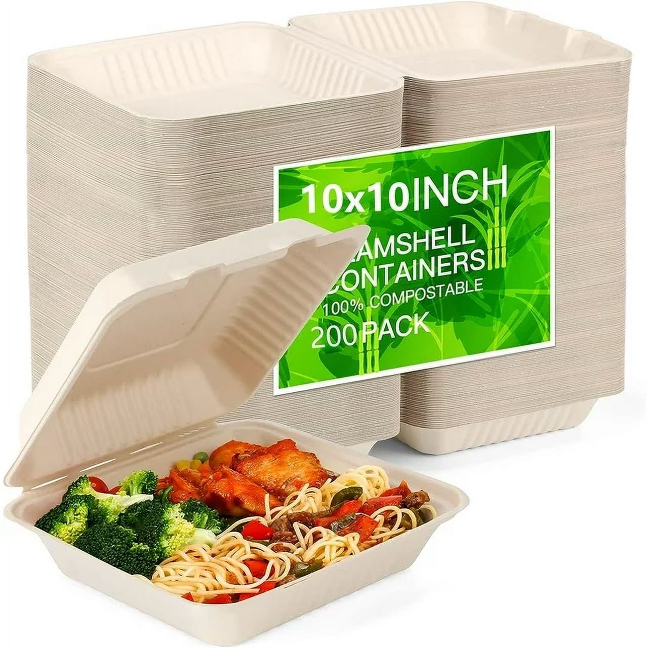 100 Compostable Clamshell Take Out Food Containers [10x10" 200Pack