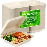 100% Compostable Clamshell Take Out Food Containers [10x10" 200-Pack]