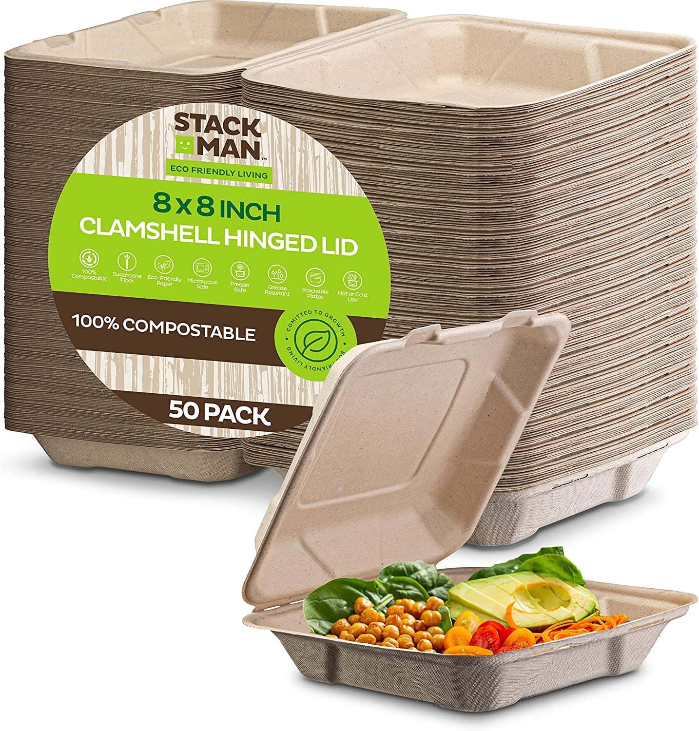 Vallo 100% Compostable Clamshell to Go Boxes for Food 8x8 1-Compartment 50-Pack Disposable Take Out Containers, Made of Biodegradable Sugar Cane, EC