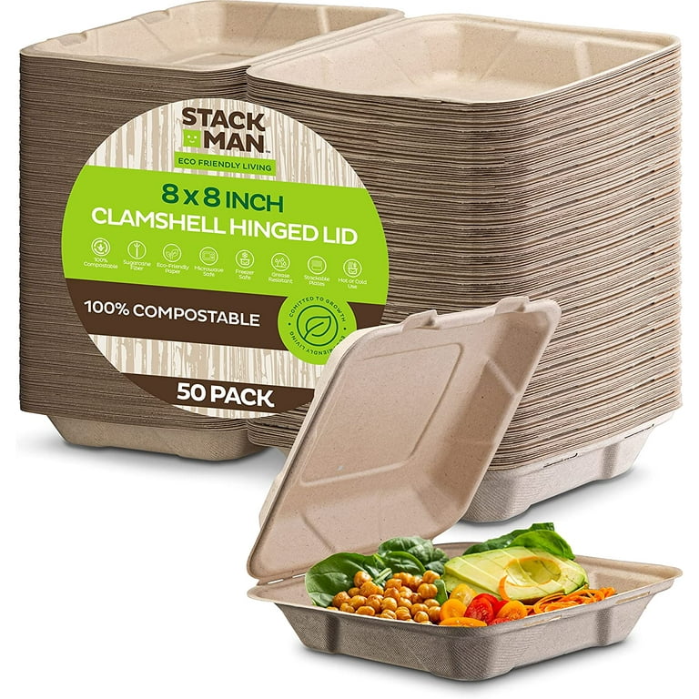Vallo 100% Compostable Clamshell To Go Boxes For Food [9X6 1-Compartment  50-Pack] Disposable Take Out Containers, Made of Biodegradable Sugar Cane