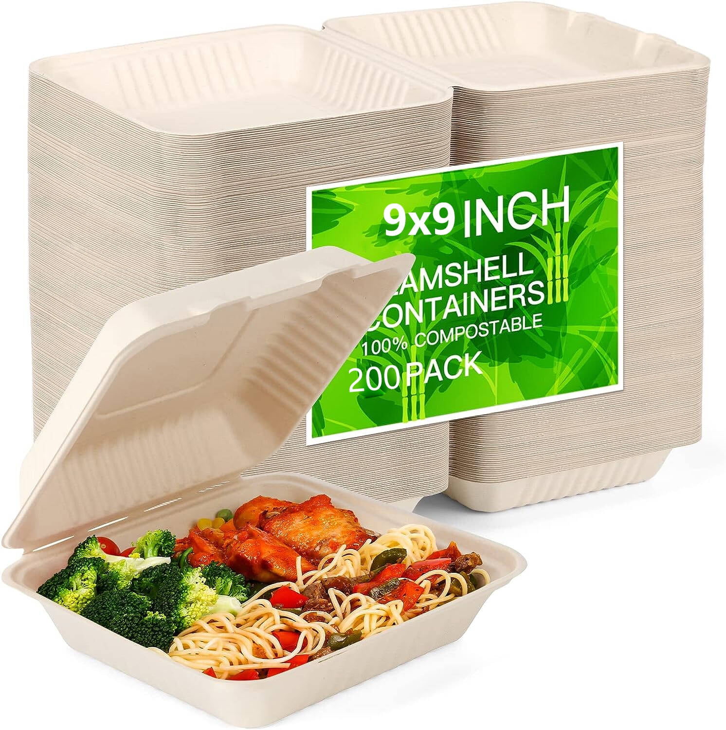 100% Compostable Clamshell Take Out Food Containers [6x6 50-Pack
