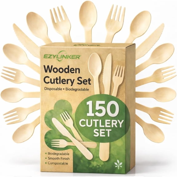 100% compostable cutlery set - 150 pieces wooden compostable utensils [50 forks, knives, spoons] - disposable wooden cutlery, eco-friendly fork and spoon set party supplies