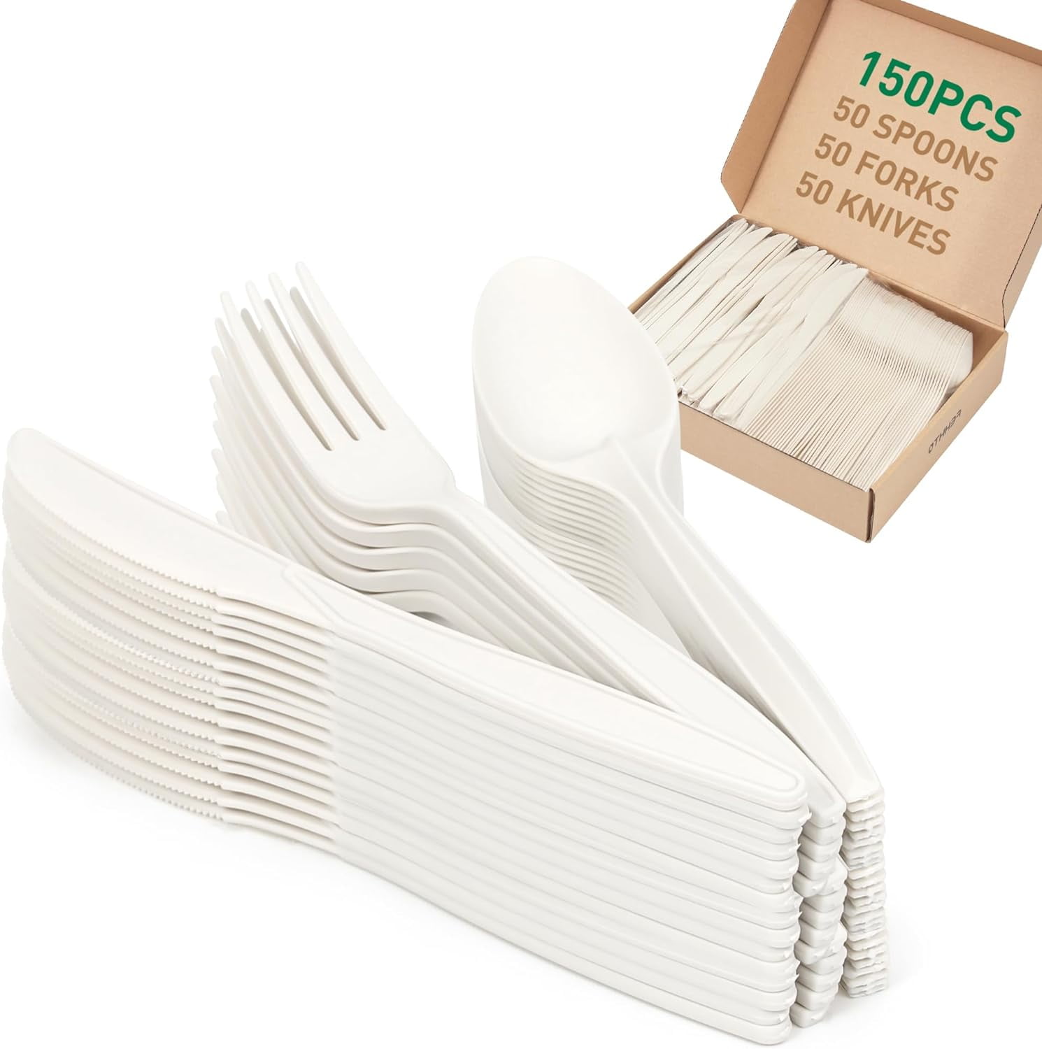 Image result for 100% Compostable Cutlery Set,150pcs (50 Forks,50 Spoons,50 Knives ...